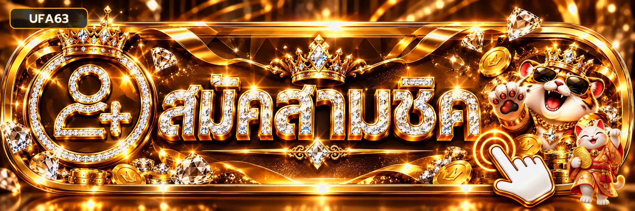 แบนเนอร์สมัครสมาชิก UFA63 พร้อมมาสคอตแมวนำโชค